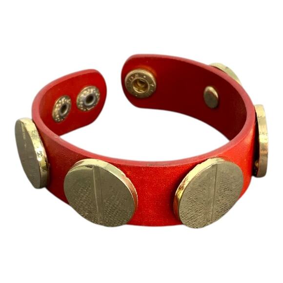 Red Faux Leather Gold Tone Screw Snap On Wide Bracelet - Picture 3 of 3